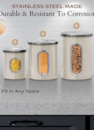 Moss & Stone 3-Piece Beige Canisters Sets For The Kitchen, Airtight Canister Set With See Through Window, Storage Jars for Coffee Container, Tea Organizer & Sugar Canister, Beige Kitchen Canisters