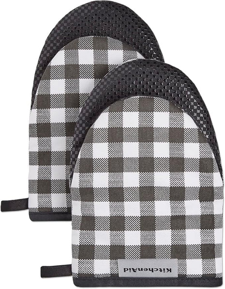 KITCHENAID Gingham Mini Oven Mitt 2-Pack Set, Matte Black, 5.5"x8"