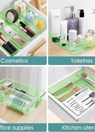 WOWBOX 25 PCS Plastic Drawer Organizer Set, 4 Sizes Desk Drawer Divider Organizers and Storage Bins for Makeup, Jewelry, Gadgets for Kitchen, Bedroom, Bathroom, Office, Clear Green