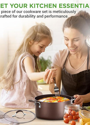 NutriChef 14-Piece Nonstick Brown Cookware Set - Scratch-Resistant Kitchen Pots and Pans with Lids & Utensils, For All Cooktops - NCCW14SBR