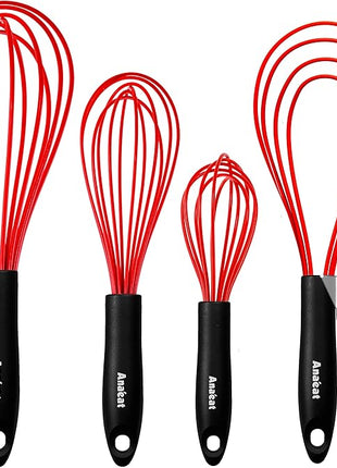 Anaeat Silicone Kitchen Whisk Set of 4, Perfect for Non-Stick Cookware, Milk and Egg Beater Blender for Whisking, Cooking, Baking, Beating - 11'' Flat Whisk and 8.5''+10.5''+12'' Balloon Whisks (Red)