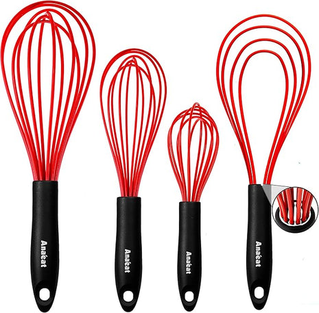 Anaeat Silicone Kitchen Whisk Set of 4, Perfect for Non-Stick Cookware, Milk and Egg Beater Blender for Whisking, Cooking, Baking, Beating - 11'' Flat Whisk and 8.5''+10.5''+12'' Balloon Whisks (Red)