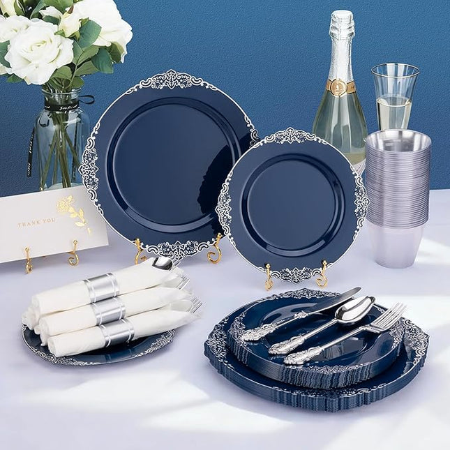 350PCS Navy Blue Plates for 50 Guests, Disposable Dinnerware Sets Include 100 Plastic Plates, 50 Silverwares, 50 Cups, and 50 Pre Rolled Napkins for Party, Wedding and Graduation