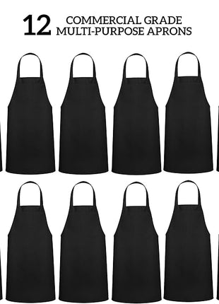 GREEN LIFESTYLE 12 Pack Bib Apron - Unisex Black Aprons, Machine Washable Aprons for Men and Women, Kitchen Cooking BBQ Bulk (Pack of 12, No Pockets, Black)