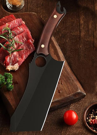 Dream Reach Meat Cleaver, 6.9 inch Black Boning Knife, High Carbon Steel Sharp Kitchen Forged In Fire Knife with Sheath Gift Box Bottle Opener for Outdoor Camping, Christmas Gifts for Men Women