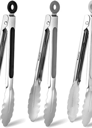Anaeat 3 Pack 7" Mini Stainless Steel Locking Tongs - Sturdy Coiled Spring Kitchen Food Tong with Non-Slip Silicone Tips and Grip for Serving, Cooking, Baking and BBQ - Heat Resistant Metal Tongs