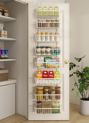 White 12 Inch Wide Narrow Over The Door Pantry Organizer, Pantry Organization and Storage, 8-Tier Metal Hanging Deep Basket Wall Spice Rack Seasoning Shelves, Home & Kitchen Essentials