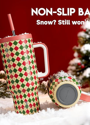 Meoky 40 oz Christmas Tumbler with Handle and Straw, Xmas Tumbler with Lid and Straw, Insulated Stainless Steel Travel Mug, Christmas Gifts for Women Men Adults (Winter Plaid)