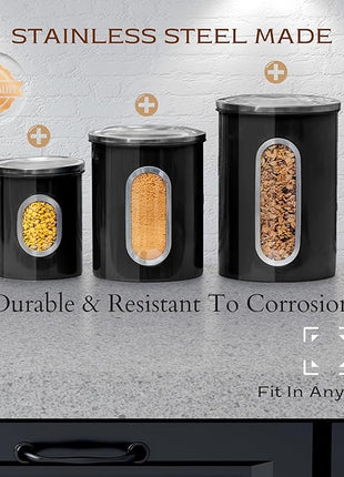 Moss & Stone 3-Piece Black Canisters Sets For The Kitchen, Airtight Canister Set With See Through Window, Storage Jars for Coffee Container, Tea Organizer & Sugar Canister, Black Kitchen Canisters