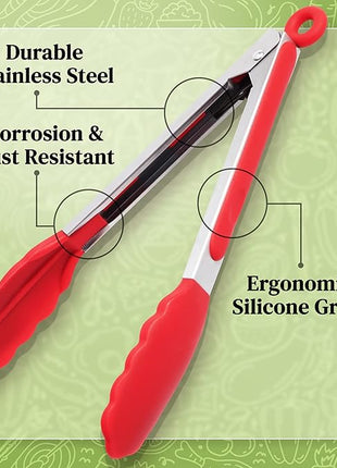 Popco 3-Piece Kitchen Tongs Set – Stainless Steel Heat Resistant Silicone Tips, Strong Comfort Grip, 3 Sizes (7, 9, 12 Inch), Non-Scratch, Dishwasher Safe, for Cooking, BBQ, Salad