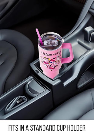 Silver Buffalo Sanrio Hello Kitty Leopard Jungle Cat Print and Bows Heart Stainless Steel Tumbler with Handle and Straw, Fits in Standard Cup Holder, 40 Ounces