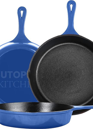 Utopia Kitchen Cast iron Skillets 3 Piece Set, Chefs Pan, Pre Seasoned Cast iron Skillets, 6, 8 & 10 Inches, Easy Use in the Oven, Stove, Grill, or Campfire, Blue