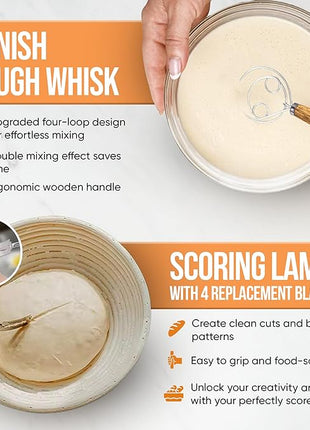 Complete Sourdough Starter Kit and Sourdough Bread Baking Supplies - Includes 9" Banneton Proofing Basket, 34oz Sourdough Starter Jar, Silicone Bread Sling, Scrapers, Bread Lame and Measuring Spoons