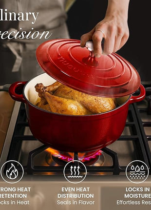 Nuovva Enamelled Cast Iron Dutch Oven Pot with Lid – 6.4 Quart Non Stick Casserole Pot – Heavy Duty & Oven Safe up to 500° F for Bread Baking, Braising, Stews, Roasting – 28cm Red