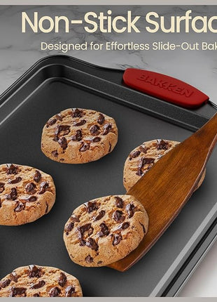 BAKKEN Cookie Sheets for Baking Nonstick Set - 3-Piece Stackable Carbon Steel Baking Sheet Pans Set with Silicone Handles, Non Toxic Cookie Sheets for Baking Bakeware Set - Gray Marble