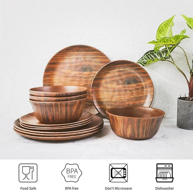 TP 18-Piece Dinnerware Set, Melamine Dishes Set with Bowls and Plates, Service for 6, Non-breakable Lightweight Dining Tableware, Rosewood Grain