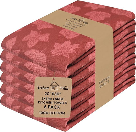 Urban Villa Kitchen Towels Harvest Leaf Print Towels Set of 6 20" X30” 100% Cotton Highly Absorbent Quick Drying Dish Cloths & Dish Towels Thanksgiving Fall Tea Towels with Hanging Loop Towels