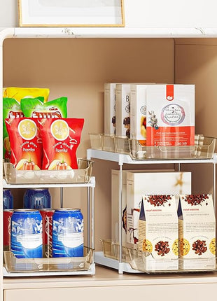 Delamu 2-Tier Multi-Purpose Bathroom Under Sink Organizers and Storage, Stackable Kitchen Pantry Organization, Pull Out Medicine Cabinet Organizer with Movable Dividers, Amber, 2 Pack