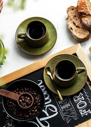 YHOSSEUN Ceramic Espresso Cups Set of 6, 4 Oz Expresso Shots Cup with Stand, Saucers & Spoons, Small Coffee Cup for Double Espresso, Mocha and Tea, Green