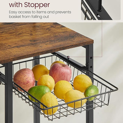 VASAGLE Bakers Rack with Power Outlet, 35.4 Inches Microwave Stand, Coffee Bar, 4 AC Outlets, with Adjustable Shelves, 8 S-Hooks, Basket, Spice Racks, Rustic Brown and Ink Black UKKS031K01