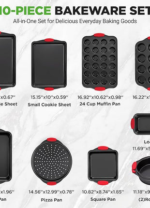 NutriChef 10-Piece Nonstick Kitchen Oven Baking Pans - Premium & Stylish Non-Stick Carbon Steel - Commercial Grade Restaurant Quality Metal Bakeware with Silicone Handles - Easy to Clean, NCSBS10S