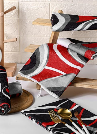 Boyiee Set of 6 Red Black Grey White Kitchen Towels Modern Geometric Dish Hand Towels 24 x 16 Inches Gifts Decorative Tea Cloth Gifts for Farmhouse Kitchen Bathroom Decorations