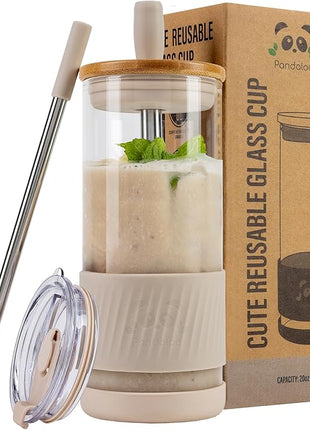 Pandaloo® Glass Cups With Lids and Straws -20 Fl Oz- Perfect Size Iced Coffee Cup - Smoothie Cup With Bamboo Lid and On the go Lid (Creamy Mushroom, 1 Count (Pack of 1)