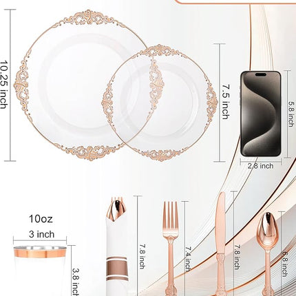 Nervure 350PCS Rose Gold Plastic Plates - Rose Gold Plastic Dinnerware Sets for 50 Guests - 100 Disposable Plates, 150 Silverware, 50 Cups, 50 Napkins Perfect for Wedding & Party
