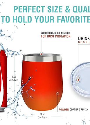 CHILLOUT LIFE 12 oz Stainless Steel Wine Tumbler with Lid - Double Wall Vacuum Insulated Wine Cup Glass Keeping Cold & Hot for Coffee, Champagne, Cocktails, Ice Cream - Red Fire