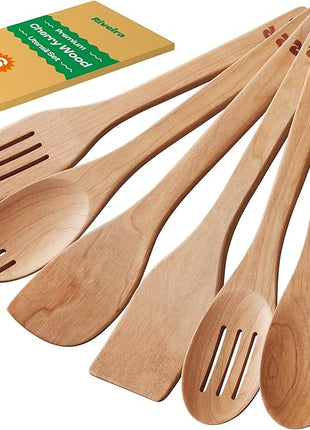 Riveira Cherry Wooden Spoons for Cooking Set of 6 – Natural Cherry Wooden Cooking Utensils, Wooden Spatula, Wooden Spoon - Premium Quality Wooden Utensil Set for Non-Toxic Cooking
