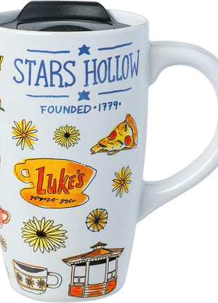 Silver Buffalo Gilmore Girls Iconic Icons Stars Hollow Luke's Diner Ceramic Travel Mug with Slide Close Lid and Handle, 16 Ounces