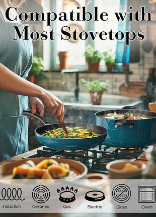 Cook N Home Pots and Pans Nonstick Cookware Set 12-Piece, Kitchen Cooking Set with Frying Pans and Saucepans, Induction Compatible, Turquoise