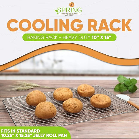 Spring Chef 10" x 15" Stainless Steel Cooling Racks for Baking - Oven Safe - Cookie Racks for Cooling Cookies - Fits Jelly Roll Pan - Perfect for Grilling, Roasting, Cooking, Drying - Set of 2