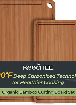 Butcher Block 2-Pcs Carbonized Bamboo Cutting Board Set With Juice Groove For Meal Prep & Cheese Serving - Ideal Kitchen Gift Set of 2 (M+L)