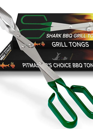 Shark BBQ Grill Tongs - 17 inch (Green). Professional steak grilling utensil. Long-reach Barbeque Tong. Ideal for steak, fish, burger, and sausage