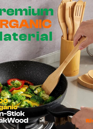 Riveira Bamboo Wooden Spoons for Cooking 9-Piece with Holder, Apartment Essentials Wood Spatula Spoon Nonstick Kitchen Utensil Set Premium Quality Housewarming Gifts for Everyday Use