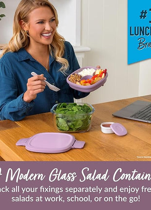 Bentgo Glass All-in-One Salad Container - Large 61-oz Salad Bowl with Lid, 4-Compartment Bento-Style Tray, 3-oz Sauce Container, and Reusable Fork - Dishwasher, Microwave, and Oven Safe (Lavender)