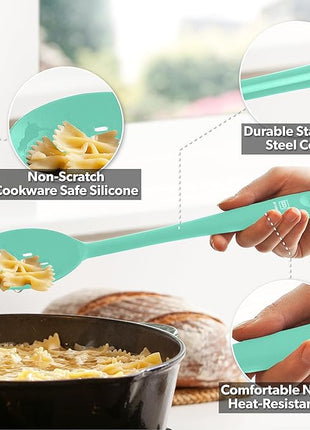 DI ORO Silicone Spoons for Cooking - Large Kitchen Spoons for Mixing, Serving, & Stirring - 600°F Heat-Resistant Non Stick Utensils – Big Solid & Slotted Basting Spoons - Dishwasher Safe (2pc, Mint)