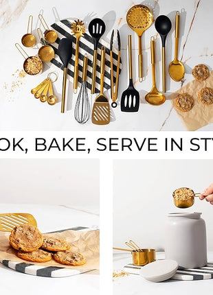 Black and Gold Kitchen Utensils Set - 19-PC Set Includes Stainless Steel and Silicone Cooking Utensils, Measuring Cups and Spoons - Black and Gold Kitchen Accessories for Stylish Cooking & Serving
