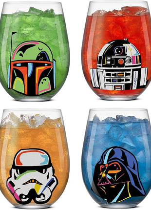 JoyJolt Star Wars Cosmic Color Stemless Drinking Glasses, 19oz Glass Cups ft Darth Vader, Stormtrooper, Boba Fett, R2-D2 - Star Wars Kitchen Glasses Set of 4, Gifts for Men, Women & Adults
