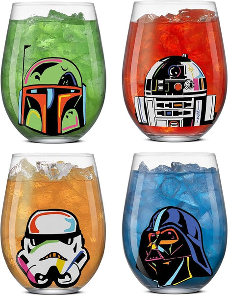 JoyJolt Star Wars Cosmic Color Stemless Drinking Glasses, 19oz Glass Cups ft Darth Vader, Stormtrooper, Boba Fett, R2-D2 - Star Wars Kitchen Glasses Set of 4, Gifts for Men, Women & Adults