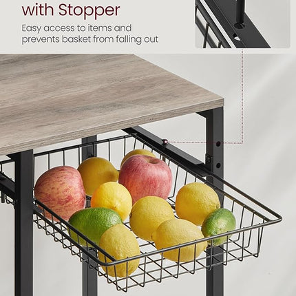 VASAGLE Bakers Rack with Power Outlet, 35.4 Inches Microwave Stand, Coffee Bar, 4 AC Outlets, with Adjustable Shelves, 8 S-Hooks, Basket, Spice Racks, Heather Greige and Ink Black UKKS031K02