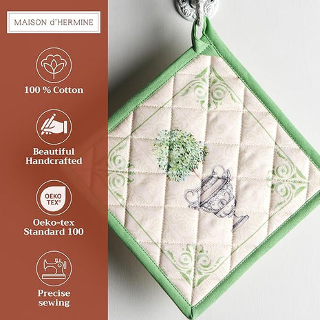 Maison d' Hermine Pot Holders 100% Cotton Heat Resistant Potholders 8" x 8" Hot Pads with Loop BBQ, Cooking, Baking, Grilling, Kitchen, Handling Hot Pans Spring/Summer (Pack of 1, Jardin Du Roy)