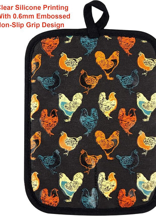 Pot Holders Set of 2 Heat Resistant 480 ℉Non Slip Clear Silicone Printed Comfortable Cotton Lining Kitchen Women Men Cooking Baking Microwave Machine Washable (Rooster, Black Potholders)