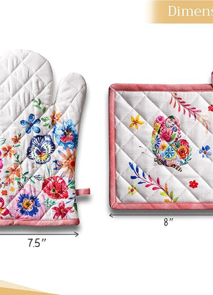 Maison d' Hermine 100% Cotton Oven Mitt & Pot Holder Set (7.5"x13" & 8"x8") Heat Resistant BBQ Cooking Gloves with Loop, Grilling, Kitchen, Handling Hot Pan Spring/Summer (Happy Florals - High Summer)