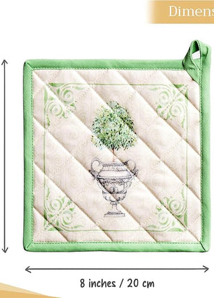 Maison d' Hermine Pot Holders 100% Cotton Heat Resistant Potholders 8" x 8" Hot Pads with Loop BBQ, Cooking, Baking, Grilling, Kitchen, Handling Hot Pans Spring/Summer (Pack of 1, Jardin Du Roy)