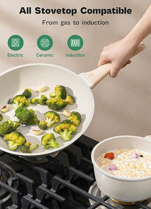 13 Pcs Pots and Pans Set, Nonstick Cookware Sets White Granite Induction Cookware, Non-toxic Healthy Non stick Kitchen Cooking Set with Frying Pans Set, Saucepans (PFAS/PFOA/PFOS Free)