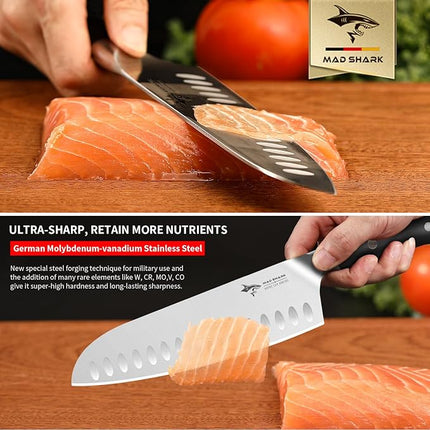 MAD SHARK Kitchen Knife, Professional 8-inch Santoku Knife, Made of German High Carbon Stainless Steel, Non-stick Ultra Sharp Kitchen Knife with Ergonomic Handle, Gift Box
