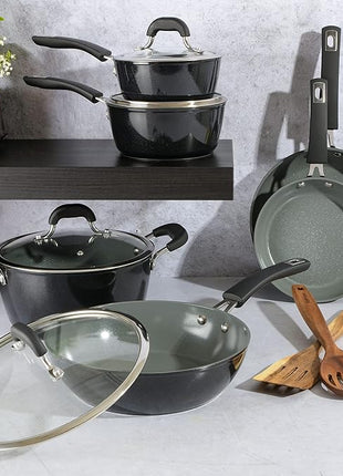 Kenmore Arlington Healthy Nonstick Ceramic Coated Forged Aluminum Induction Cookware, 12-Piece, Black Exterior/Grey Interior