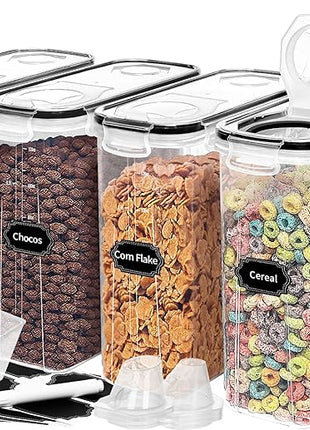 Skroam 4PCS Cereal Containers Storage [4L/135.2 oz], Airtight Food Storage Containers with Pour Spout for Kitchen & Pantry Organization Storage, Plastic Cereal Dispensers, Measuring Cup & 20 Labels